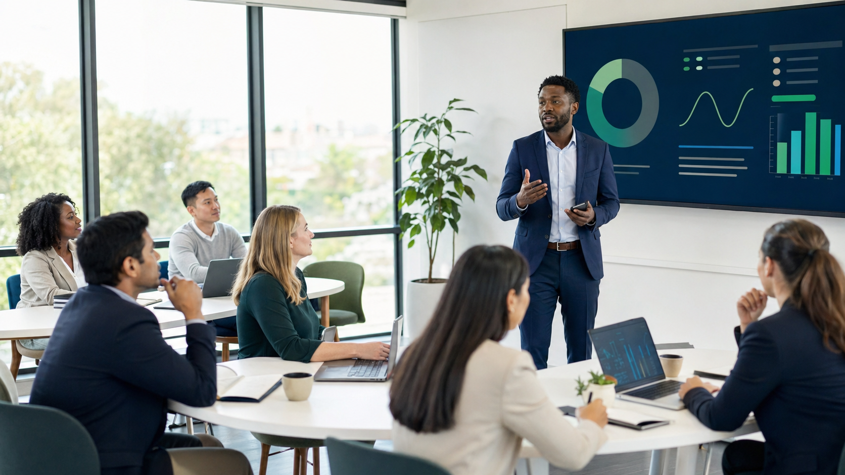 Corporate training workshop with professionals collaborating